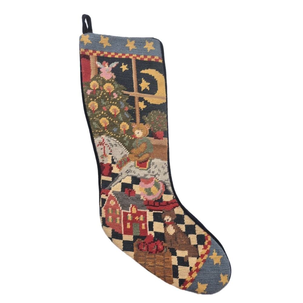 Vintage Needlepoint Christmas Stocking Trees Moon Rocking Horse Velvet Back 19"